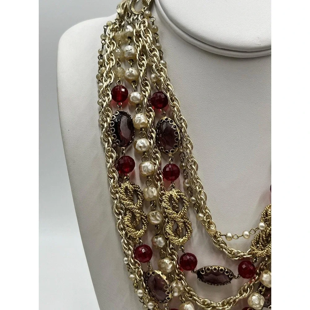 Arthur Pepper ART VintageGold‎ Pearl Red Glass 9 Multi-Strand Statement Necklace